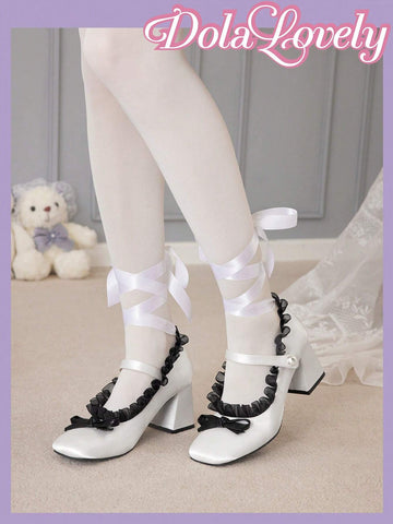 Lace-Up Mary Jane Pumps For Women Featuring Pearl & Bowknot Detailing