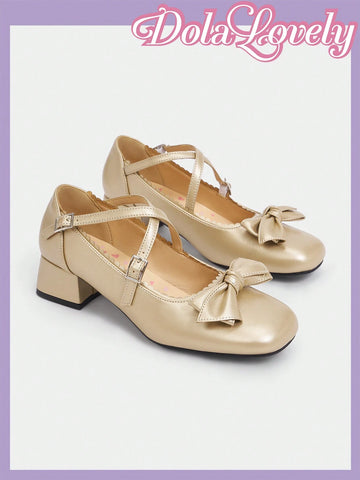 Lolita Style Women'S Mary Jane Shoes With Gold Bow,
