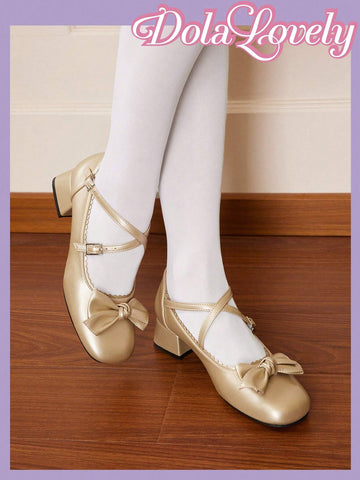 Lolita Style Women'S Mary Jane Shoes With Gold Bow,