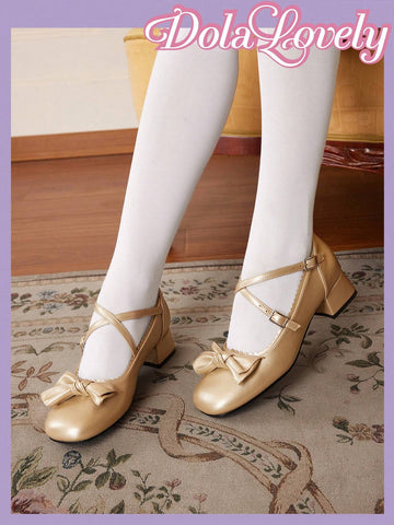 Lolita Style Women'S Mary Jane Shoes With Gold Bow,
