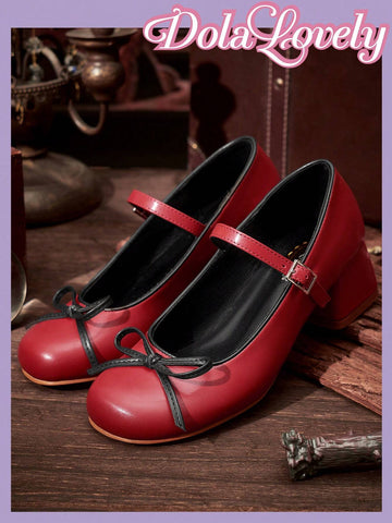Dola Lovely Round Toe Low Cut Bow Accent Thick Heel Pumps, Fashion Women