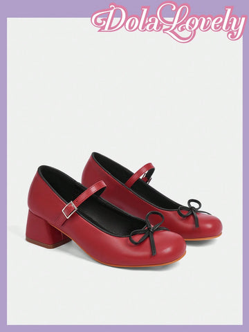 Dola Lovely Round Toe Low Cut Bow Accent Thick Heel Pumps, Fashion Women