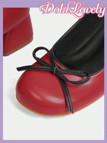 Dola Lovely Round Toe Low Cut Bow Accent Thick Heel Pumps, Fashion Women