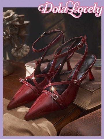 Women Back Strap Decor Bowknot Lolita Style High Heel Shoes, Burgundy Color