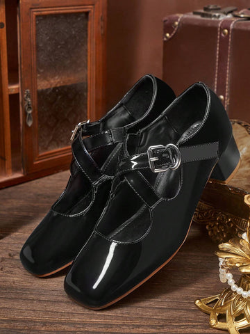 Dola Lovely Women's Fashion Solid Color Mary Jane Criss-Cross Strap Chunky Heel Shoes