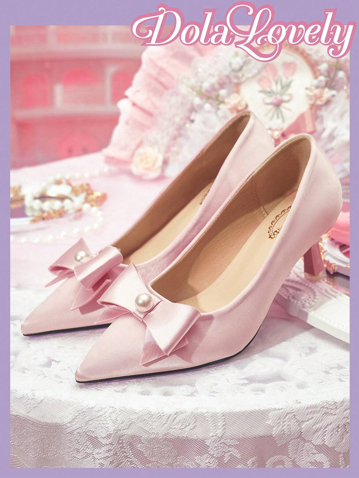 Women's High Heel Lolita Pumps, Solid Pink Color With Bow & 3D Flower Decor, Pointed Toe And Ankle Strap,
