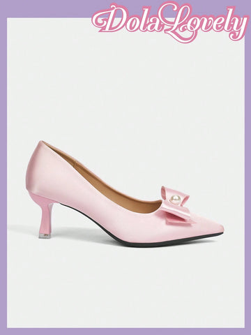 Women's High Heel Lolita Pumps, Solid Pink Color With Bow & 3D Flower Decor, Pointed Toe And Ankle Strap,