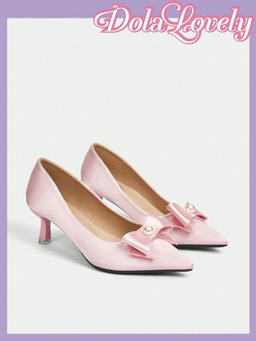 Women's High Heel Lolita Pumps, Solid Pink Color With Bow & 3D Flower Decor, Pointed Toe And Ankle Strap,