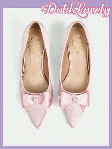 Women's High Heel Lolita Pumps, Solid Pink Color With Bow & 3D Flower Decor, Pointed Toe And Ankle Strap,