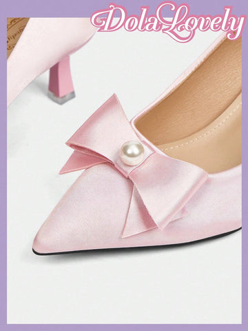 Women's High Heel Lolita Pumps, Solid Pink Color With Bow & 3D Flower Decor, Pointed Toe And Ankle Strap,