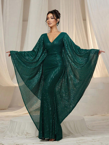 Dolman Sleeves Sequin Formal Dress