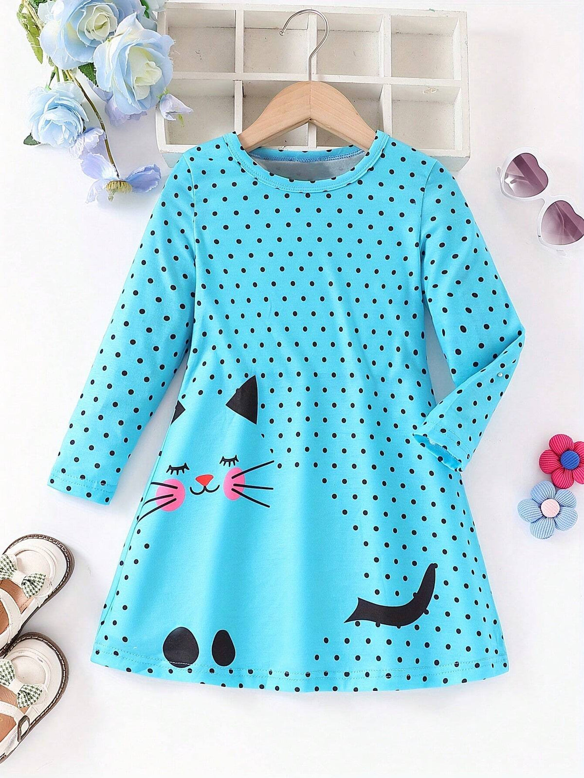 Dots & Kitty Print Long-Sleeve Dress For Girls, Spring & Fall Everyday Sweet Casual Dresses, Party, Gift