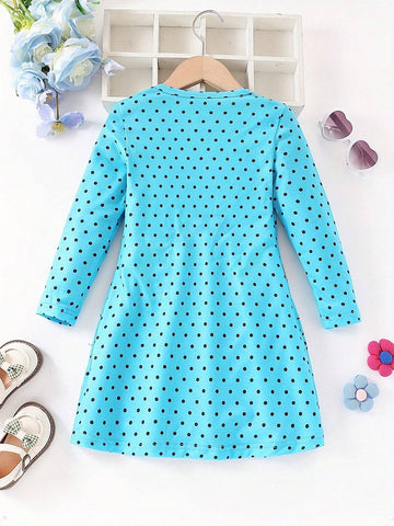 Dots & Kitty Print Long-Sleeve Dress For Girls, Spring & Fall Everyday Sweet Casual Dresses, Party, Gift