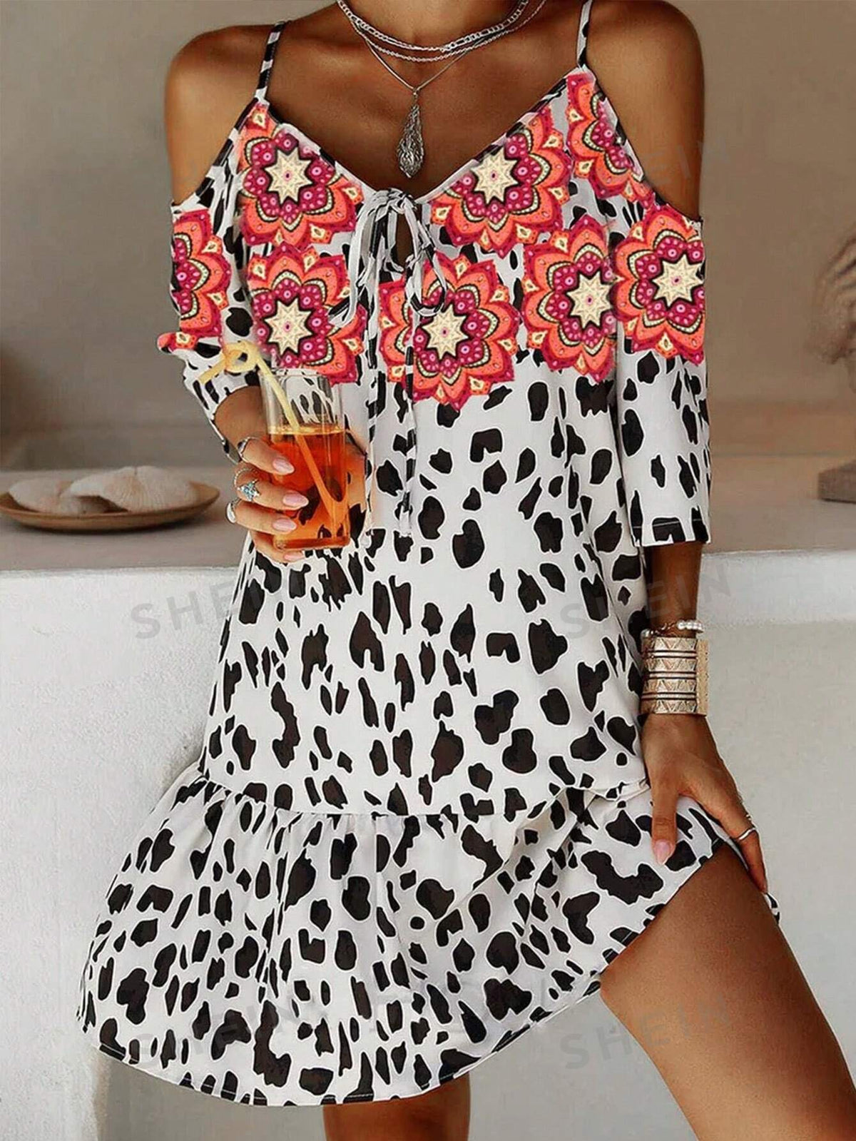 Dotted And Floral Print Cutout Shoulder Dress