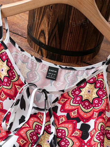 Dotted And Floral Print Cutout Shoulder Dress