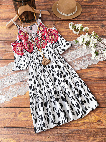 Dotted And Floral Print Cutout Shoulder Dress