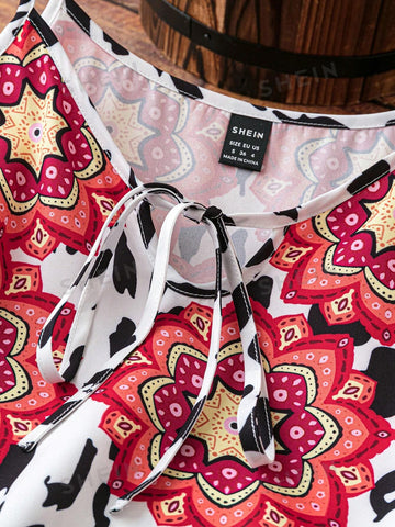 Dotted And Floral Print Cutout Shoulder Dress