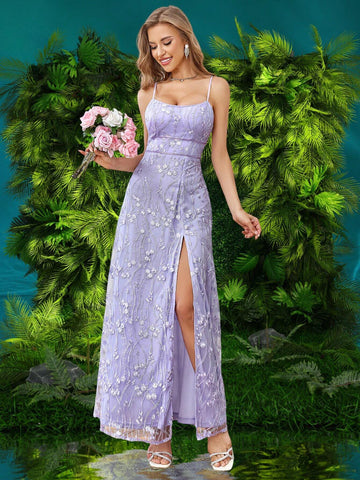 Double Crazy Embroidered High Waist Split Hem Party Dance Dress