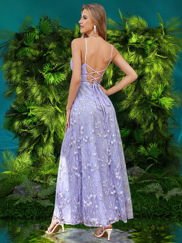 Double Crazy Embroidered High Waist Split Hem Party Dance Dress