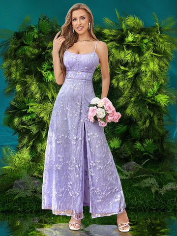 Double Crazy Embroidered High Waist Split Hem Party Dance Dress