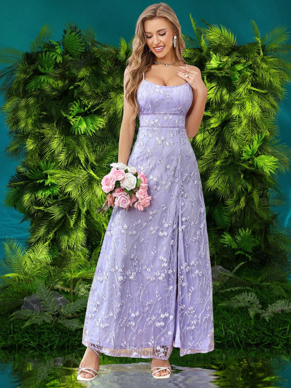 Double Crazy Embroidered High Waist Split Hem Party Dance Dress