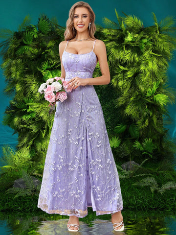 Double Crazy Embroidered High Waist Split Hem Party Dance Dress