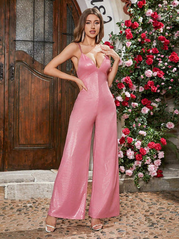 Double Crazy Fashionable V-Neck Stripe Pattern Casual Jumpsuit With Spaghetti Straps