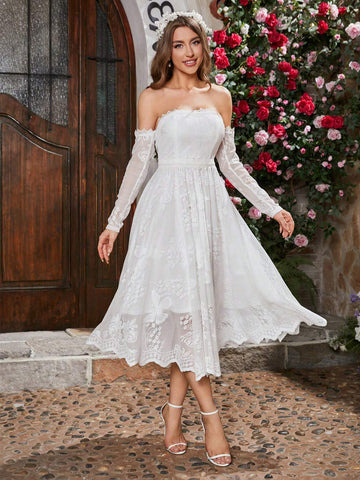 Double Crazy Ladies' Solid Color Off Shoulder Lace Party Dress