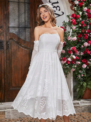 Double Crazy Ladies' Solid Color Off Shoulder Lace Party Dress