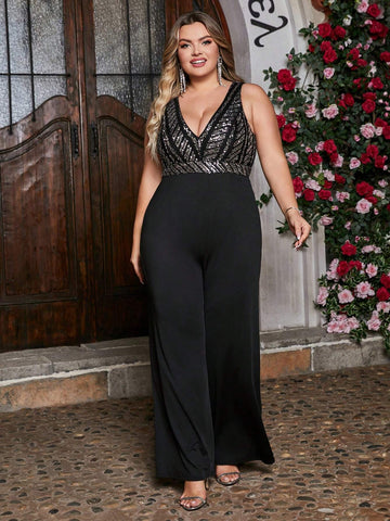Double Crazy Plus Size Sequin Splicing V-Neck Jumpsuit With Wide Leg Pants
