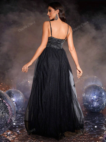 Double Crazy Sequin Contrast Mesh Deep V-Neck High Slit Party Gown Dress
