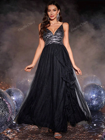 Double Crazy Sequin Contrast Mesh Deep V-Neck High Slit Party Gown Dress