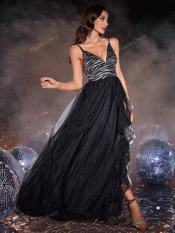 Double Crazy Sequin Contrast Mesh Deep V-Neck High Slit Party Gown Dress