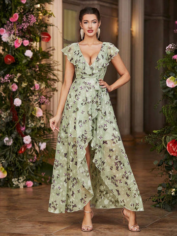 Double Crazy Women Deep V-Neck Floral Print Ruffled Dress