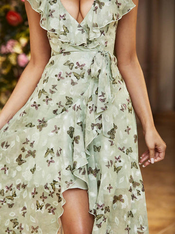Double Crazy Women Deep V-Neck Floral Print Ruffled Dress