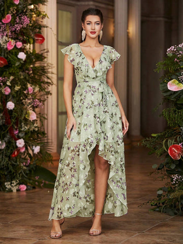 Double Crazy Women Deep V-Neck Floral Print Ruffled Dress