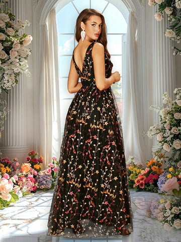 Double Crazy Women Elegant Embroidery Detail Deep V-Neck Waisted Long Evening Dress, Summer
