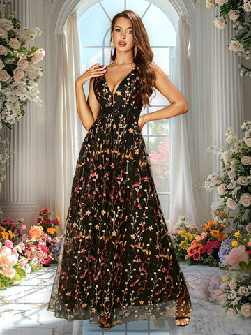 Double Crazy Women Elegant Embroidery Detail Deep V-Neck Waisted Long Evening Dress, Summer
