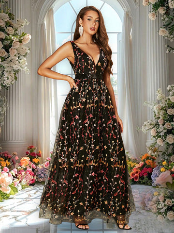 Double Crazy Women Elegant Embroidery Detail Deep V-Neck Waisted Long Evening Dress, Summer