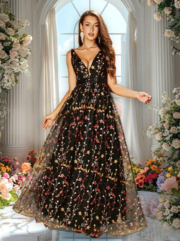 Double Crazy Women Elegant Embroidery Detail Deep V-Neck Waisted Long Evening Dress, Summer