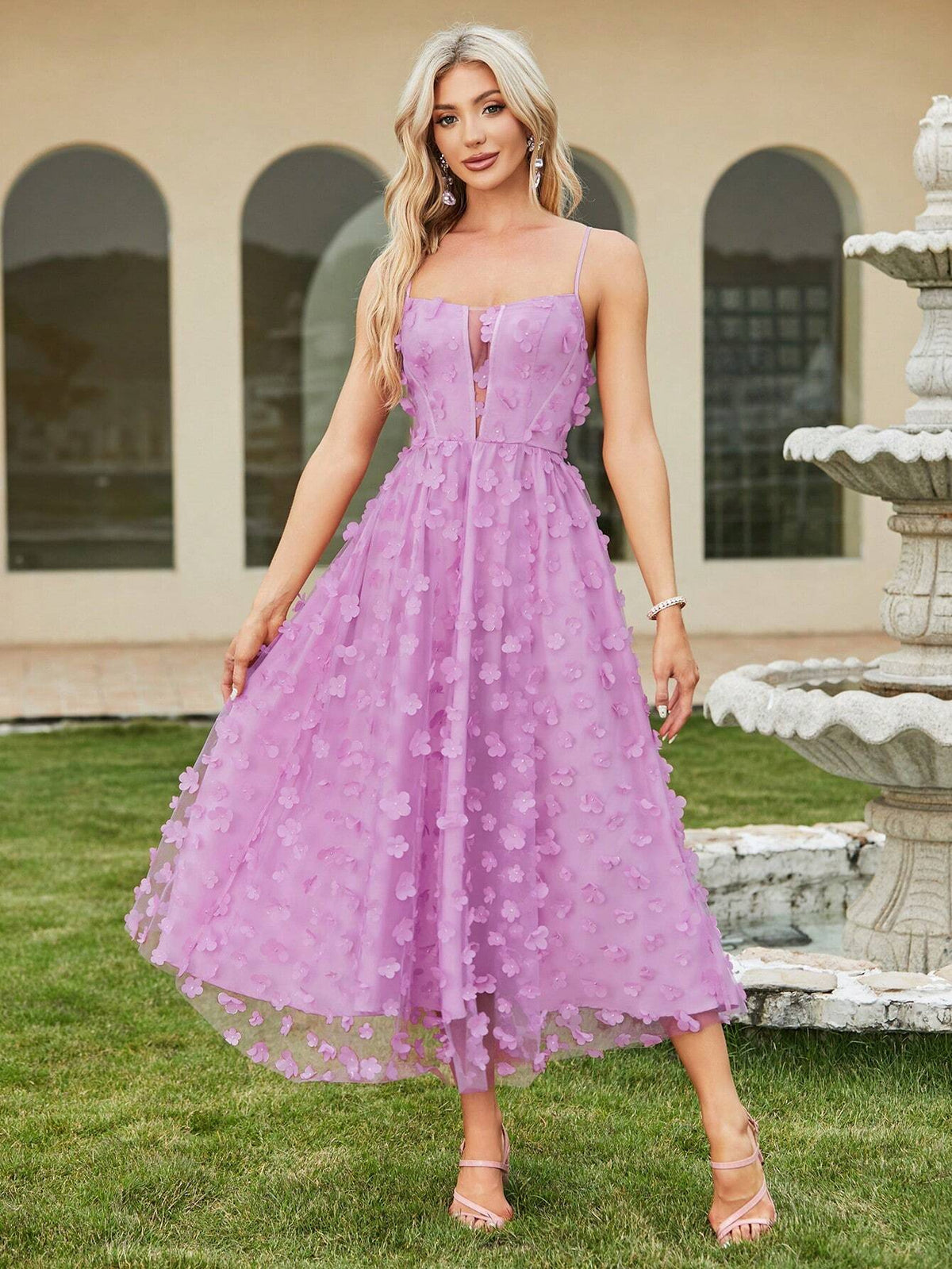 Double Crazy Women Flower Applique Decorated Splicing Mesh Long Party Dress