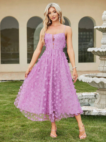 Double Crazy Women Flower Applique Decorated Splicing Mesh Long Party Dress