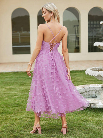 Double Crazy Women Flower Applique Decorated Splicing Mesh Long Party Dress