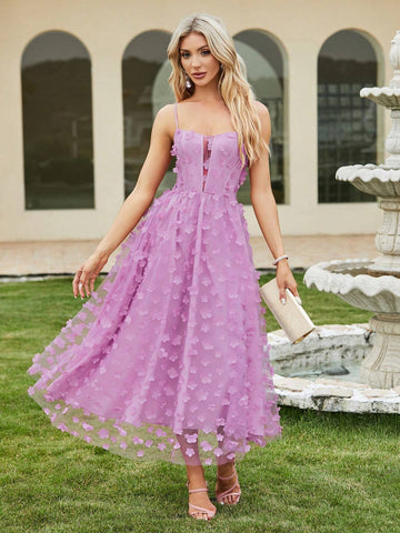 Double Crazy Women Flower Applique Decorated Splicing Mesh Long Party Dress