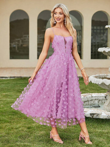 Double Crazy Women Flower Applique Decorated Splicing Mesh Long Party Dress