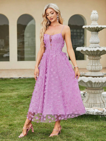 Double Crazy Women Flower Applique Decorated Splicing Mesh Long Party Dress