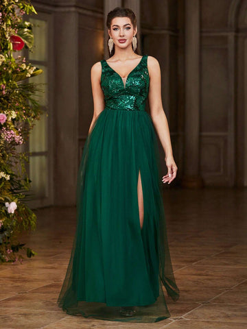 Double Crazy Women Sequin Splice Mesh High Slit Sleeveless Prom Dress