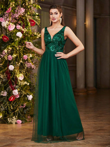 Double Crazy Women Sequin Splice Mesh High Slit Sleeveless Prom Dress