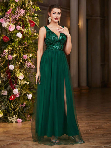 Double Crazy Women Sequin Splice Mesh High Slit Sleeveless Prom Dress