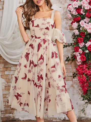 Double Crazy Women's Butterfly Embroidery Off-Shoulder Mesh Dress